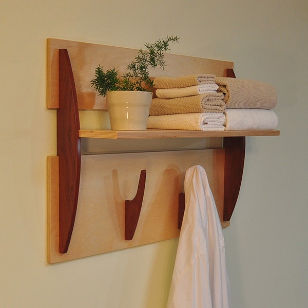 Modern Wall Shelf with 2 Hooks, Cantilevered Shelf in Cherry Barnwood and Baltic Birch. Towel Hooks, Robe Hooks, Coat Rack, Backpack Hooks