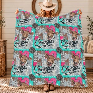 Pink Cowgirl Blanket, Western Calf Throw, Cute Country Rodeo Decor, Faux Denim Patchwork Cowhide Fleece, Trendy Farm Animal Gift for Her