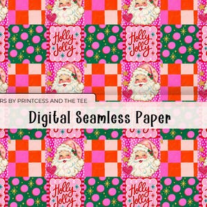 May include: A digital seamless paper pattern featuring a repeating grid of Santa Claus faces, pink and orange checkerboard squares, green squares with pink polka dots and gold stars, and pink squares with the text Holly Jolly.