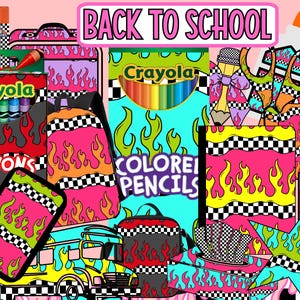 May include: A colourful illustration with a "Back to School" theme. It features school supplies like crayons, coloured pencils, a backpack, and a notebook, all adorned with a flame and checkered pattern. The colour palette includes pink, yellow, green, and black.