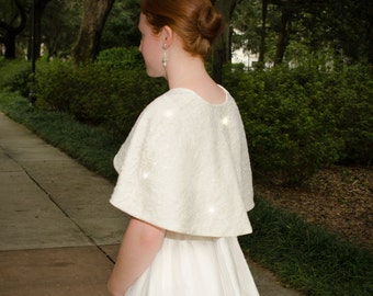 Ivory Lace Bridal Cape, Lace Wedding Cover-Up, Ivory Lace Wedding Wrap, Sparkly Ivory Lace Wrap, Lace Capelet- LYNNE