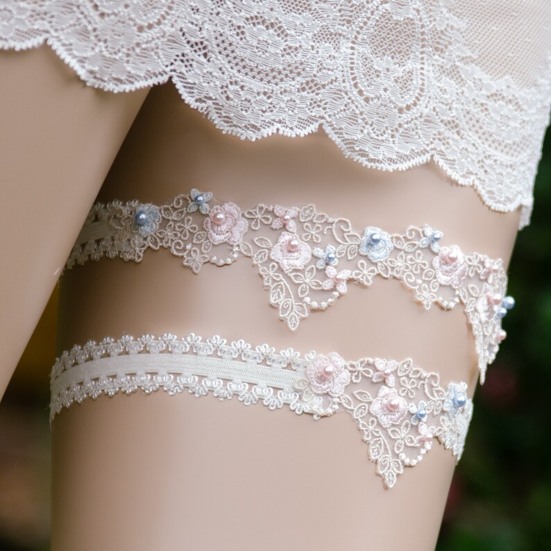 Something Blue Lace Garter Blue Pearl Lace Garter Blush Lace Garter Blue Lace Wedding Garter- MEADOW GARTER SET Blue Bridal Garter
