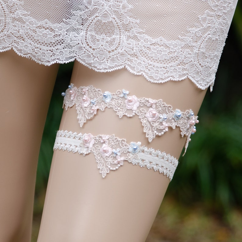 Something Blue Lace Garter Blue Pearl Lace Garter Blush Lace Garter Blue Lace Wedding Garter- MEADOW GARTER SET Blue Bridal Garter