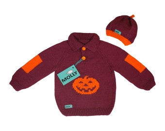 Orange "Halloween pumpkin" hand knitted violet sweater and hat in size 86, 12-18 months old