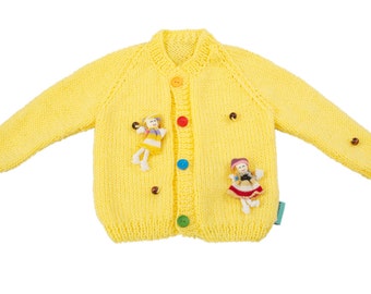 Happy playground hand made unique baby girl yellow cardigan in size 80; 9-12 months old