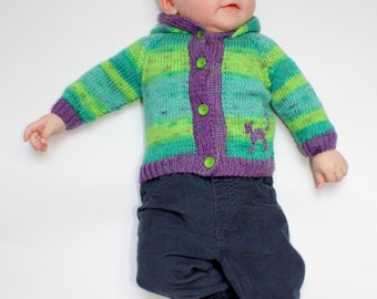 Green and violet baby cardigan hand knitted organic 3-6 months old EU size 68 "spring dew"