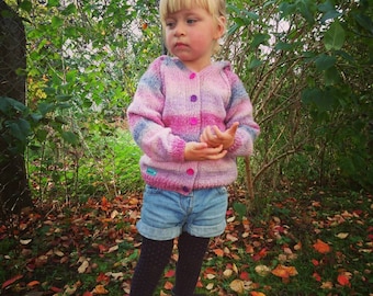Pink knitted hoodie cardigan/jacket baby girl EU size 98, 2-2,5 years old, reglan with pom pom