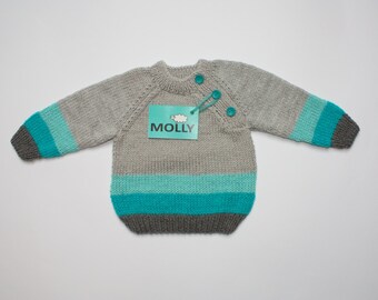 Grey knitted baby boy cardigan, knitted baby sweater, infant, toddler, kids, 6-9 months old, EU size 74, grey turquoise