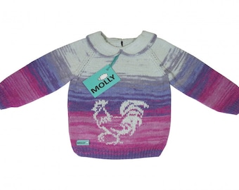 Blue, pink and grey sweater with cockerel hand made for 12-18 months old child, size 86, organic cotton