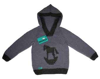 Grey hoodie hand knitted for baby boy in EU size 110; 3-3,5 years old, "rocking horse"