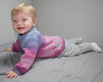 Blue and pink sweater hand made for 12-18 months old child, size 86, organic cotton, "Happy kids"