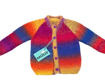 Colorful hand made artistic woolen kids cardigan "juicy fruits" in size 104, 2,5-3 years old