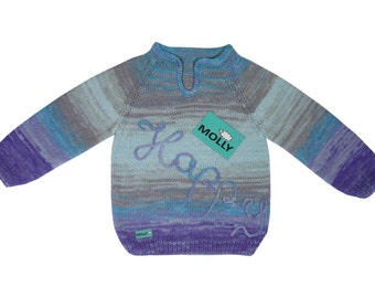 Blue and grey organic sweater "happy childhood" in size 104, 2,5-3 years old child, cotton and acrylic