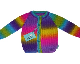 Colorful kids winter cardigan "magic rainbow " hand knitted in size 98, 2-2,5 years old, 100% acrylic