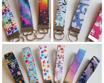 Key fob / Wristlet / Keychain / Wrist Lanyard. Over 40 Fabric Choices! Flowers, Galaxy, Animal