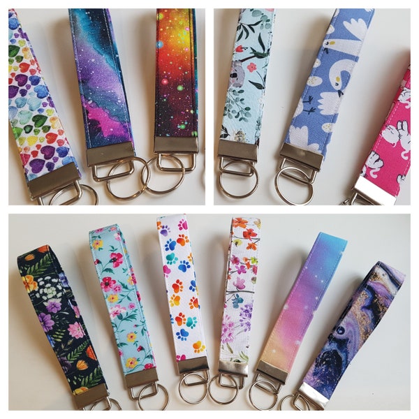 Key fob / Wristlet / Keychain / Wrist Lanyard. Over 40 Fabric Choices! Flowers, Galaxy, Animal