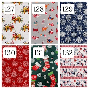 Puede incluir: Una colecci&oacute;n de seis muestras de tela numeradas del 127 al 132. Los patrones incluyen perezosos con luces navide&ntilde;as, perros con su&eacute;teres de invierno, copos de nieve blancos sobre fondos azul marino y rojo, calcetines verdes y aves con su&eacute;teres.