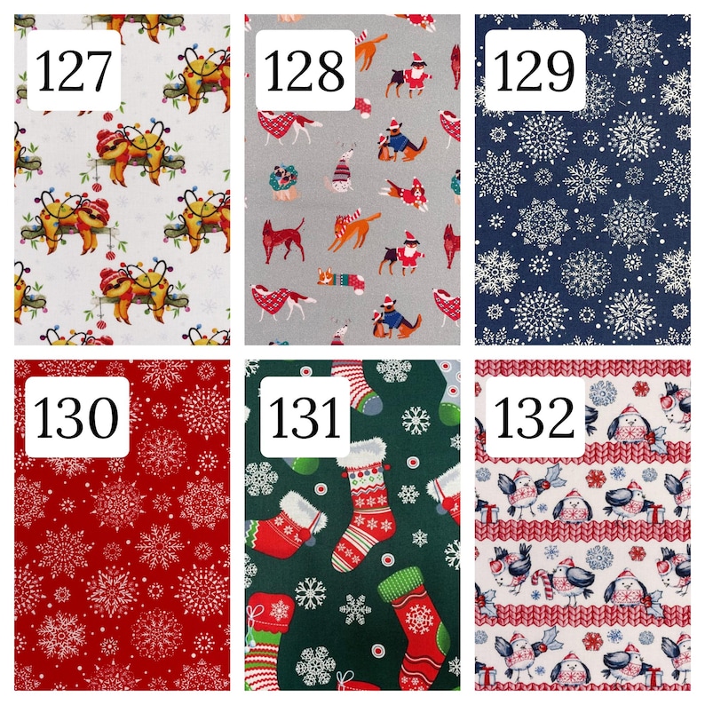 Puede incluir: Una colecci&oacute;n de seis muestras de tela numeradas del 127 al 132. Los patrones incluyen perezosos con luces navide&ntilde;as, perros con su&eacute;teres de invierno, copos de nieve blancos sobre fondos azul marino y rojo, calcetines verdes y aves con su&eacute;teres.