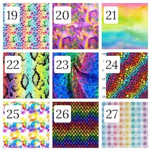 Puede incluir: Una cuadr&iacute;cula de nueve muestras de tela numeradas del 19 al 27, con patrones que incluyen corazones multicolores, remolinos abstractos, degradados de arco&iacute;ris, piel de serpiente, flores azules, rayas de corazones, salpicaduras, escamas y cuadros pastel.