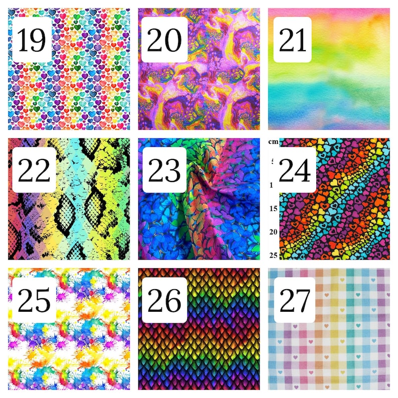 Puede incluir: Una cuadr&iacute;cula de nueve muestras de tela numeradas del 19 al 27, con patrones que incluyen corazones multicolores, remolinos abstractos, degradados de arco&iacute;ris, piel de serpiente, flores azules, rayas de corazones, salpicaduras, escamas y cuadros pastel.