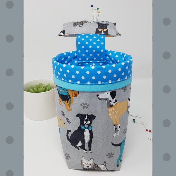 Thread catcher/scrap bin with pin cushion - Dressed Dog Breeds. **OTHER FABRICS AVAILABLE**