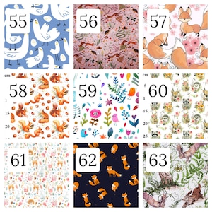 Puede incluir: Una cuadr&iacute;cula de nueve muestras de tela numeradas del 55 al 63, con varios patrones que incluyen aves blancas sobre azul, animales del bosque, zorros, ardillas, ilustraciones bot&aacute;nicas coloridas y conejos, con una escala de medici&oacute;n de 25 cm.