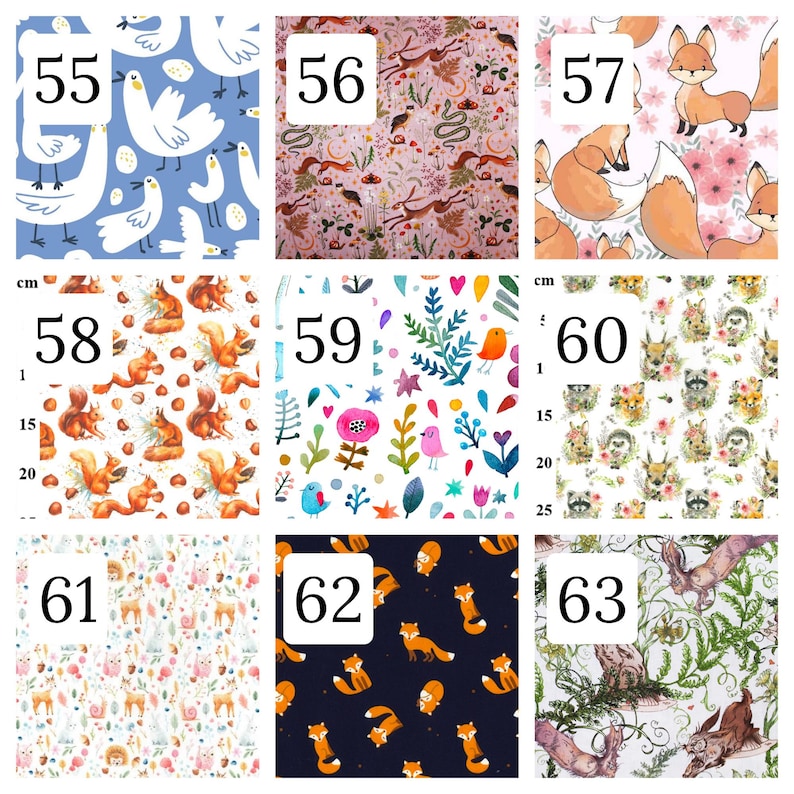 Puede incluir: Una cuadr&iacute;cula de nueve muestras de tela numeradas del 55 al 63, con varios patrones que incluyen aves blancas sobre azul, animales del bosque, zorros, ardillas, ilustraciones bot&aacute;nicas coloridas y conejos, con una escala de medici&oacute;n de 25 cm.