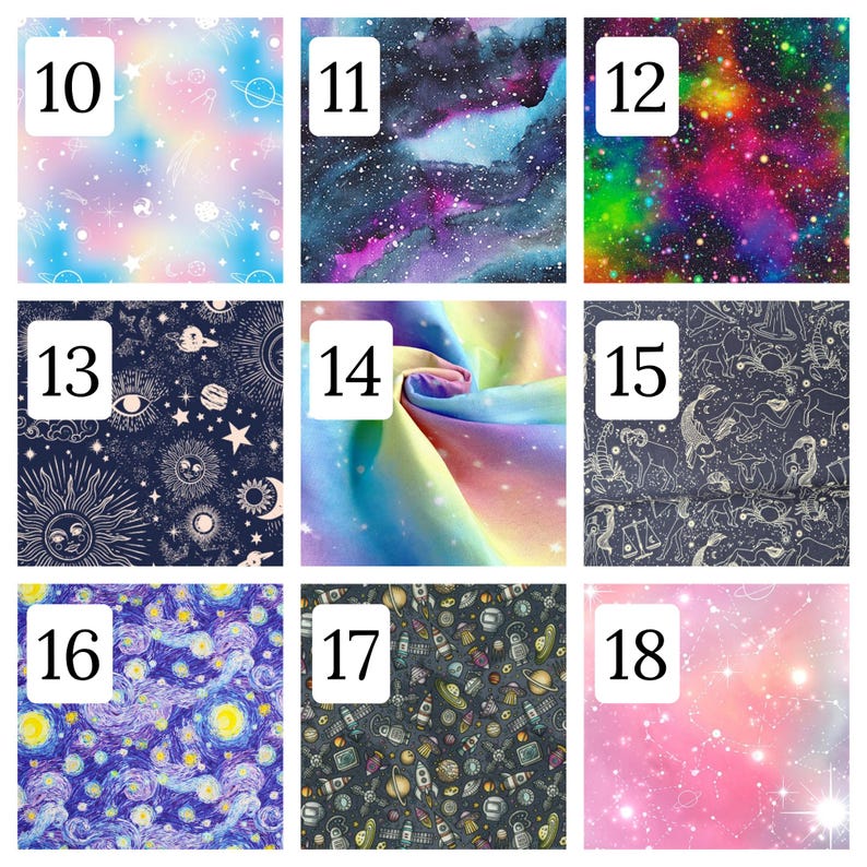 Puede incluir: Una cuadr&iacute;cula de nueve muestras de tela numeradas del 10 al 18, con patrones celestiales que incluyen motivos espaciales pastel, estampados de galaxias oscuras, nebulosas vibrantes, ilustraciones de sol y luna, arco&iacute;ris y signos zodiacales.