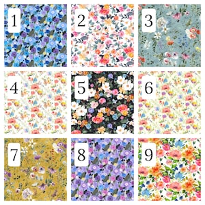 Puede incluir: Una cuadr&iacute;cula de nueve patrones florales distintos numerados del uno al nueve. Los dise&ntilde;os presentan varios arreglos florales estilo acuarela en paletas de colores que incluyen azul, rosa, naranja, amarillo y negro, con acentos de follaje verde.