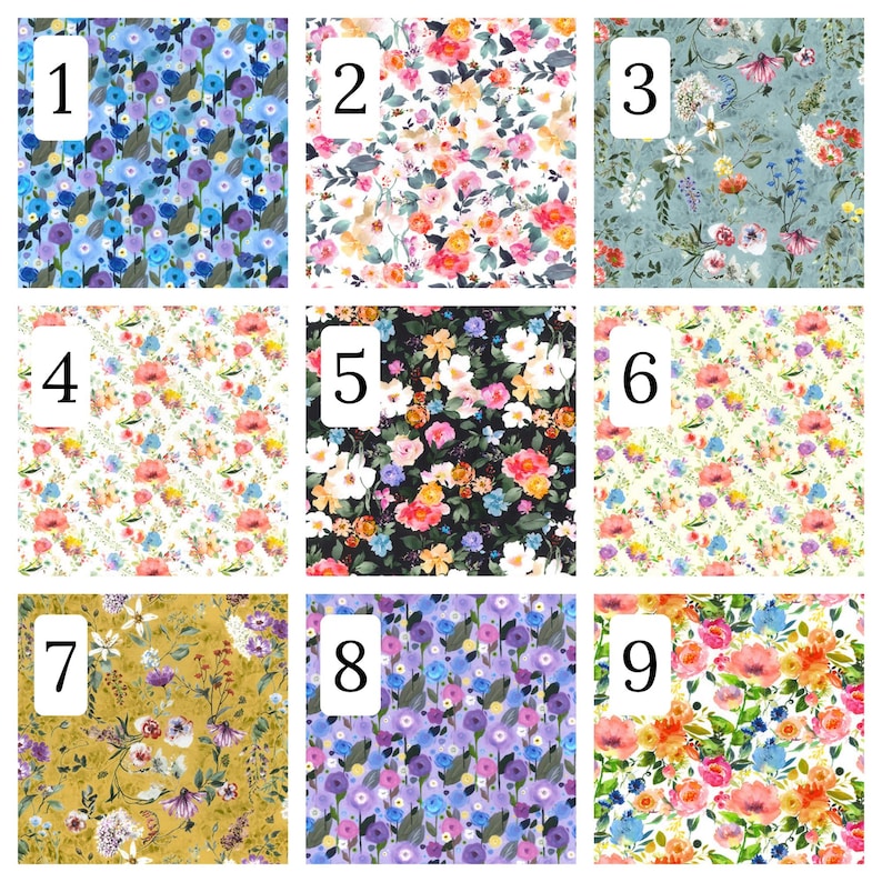 Puede incluir: Una cuadr&iacute;cula de nueve patrones florales distintos numerados del uno al nueve. Los dise&ntilde;os presentan varios arreglos florales estilo acuarela en paletas de colores que incluyen azul, rosa, naranja, amarillo y negro, con acentos de follaje verde.