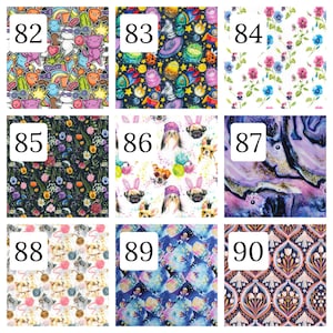 Puede incluir: Una cuadr&iacute;cula de nueve patrones de tela distintos numerados del 82 al 90. Los dise&ntilde;os incluyen gatos de dibujos animados, temas espaciales, estampados florales, perros con accesorios, m&aacute;rmol morado, gatitos con ovillos, salpicaduras azules y motivos florales.