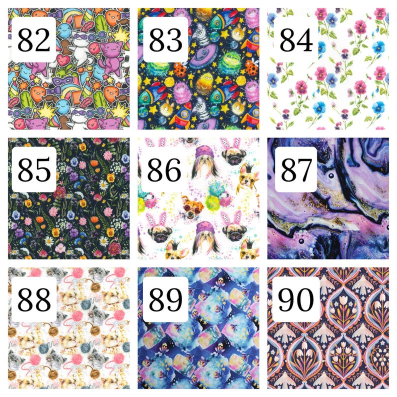 Puede incluir: Una cuadr&iacute;cula de nueve patrones de tela distintos numerados del 82 al 90. Los dise&ntilde;os incluyen gatos de dibujos animados, temas espaciales, estampados florales, perros con accesorios, m&aacute;rmol morado, gatitos con ovillos, salpicaduras azules y motivos florales.