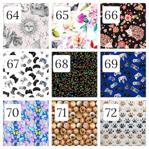Puede incluir: Una cuadr&iacute;cula de nueve patrones de tela distintos numerados del 64 al 72. Los dise&ntilde;os incluyen motivos celestiales, estampados florales, erizos, mandos de videojuegos, s&iacute;mbolos de juego, mariposas, arte latte y huellas de animales.