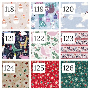 Puede incluir: Una cuadr&iacute;cula de nueve muestras de tela numeradas del 118 al 126. Los patrones incluyen caras de Santa, perezosos, dinosaurios, llamas, osos polares, p&aacute;jaros y varios dise&ntilde;os de estrellas en paletas de colores rojo, verde, blanco y azul.