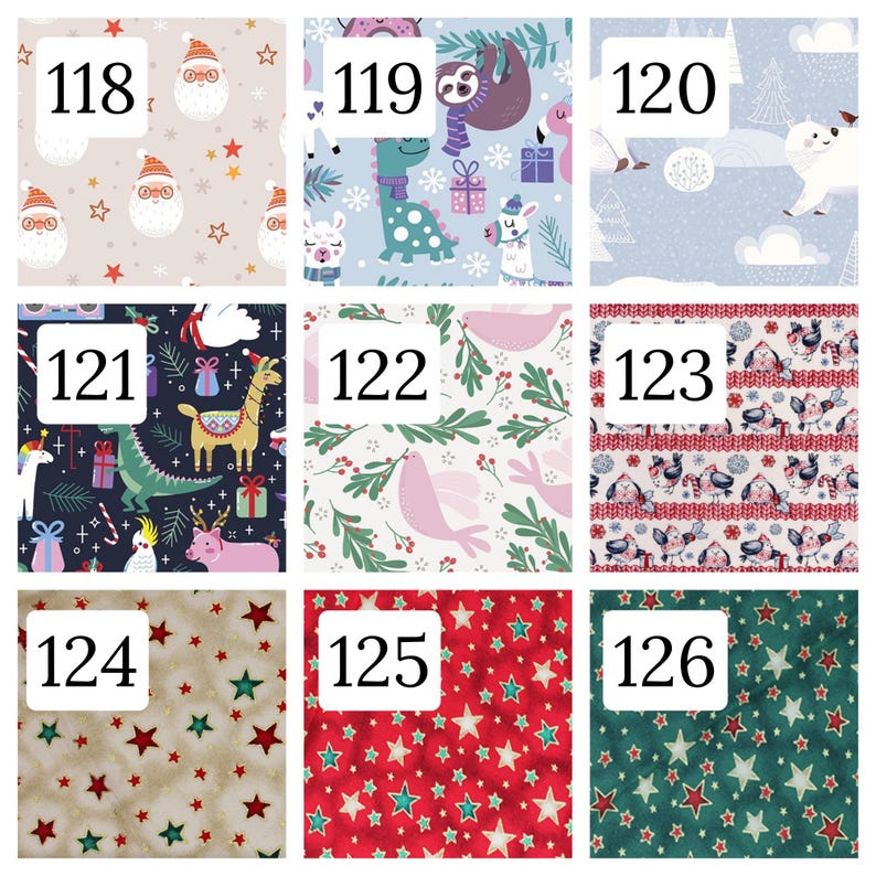 Puede incluir: Una cuadr&iacute;cula de nueve muestras de tela numeradas del 118 al 126. Los patrones incluyen caras de Santa, perezosos, dinosaurios, llamas, osos polares, p&aacute;jaros y varios dise&ntilde;os de estrellas en paletas de colores rojo, verde, blanco y azul.