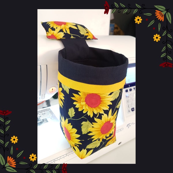 Thread catcher/scrap bin with pin cushion - Sunflowers on Navy. **OTHER FABRICS AVAILABLE**