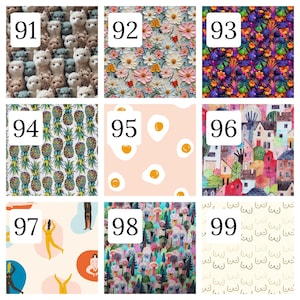 Puede incluir: Una cuadr&iacute;cula de nueve muestras de tela numeradas del 91 al 99. Los patrones incluyen alpacas, flores, hojas tropicales, pi&ntilde;as, huevos fritos, un paisaje urbano colorido, figuras abstractas, una escena de bosque y un patr&oacute;n de pechos.