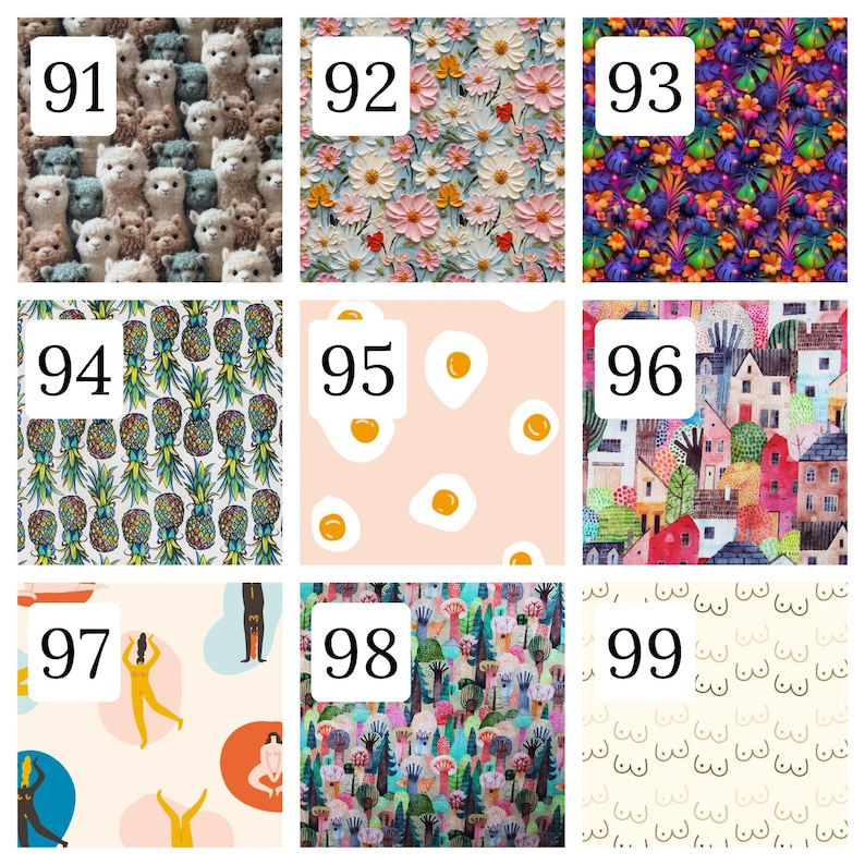 Puede incluir: Una cuadr&iacute;cula de nueve muestras de tela numeradas del 91 al 99. Los patrones incluyen alpacas, flores, hojas tropicales, pi&ntilde;as, huevos fritos, un paisaje urbano colorido, figuras abstractas, una escena de bosque y un patr&oacute;n de pechos.