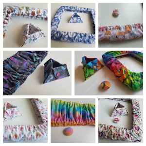 以下が含まれることがあります： 虹色のタイダイ、花柄、コウモリの入った白黒柄、白い鳥の入った青色の柄など、さまざまな色と柄の刺繍枠カバーのコレクションです。また、さまざまな柄の小さな布の正方形もいくつかあります。