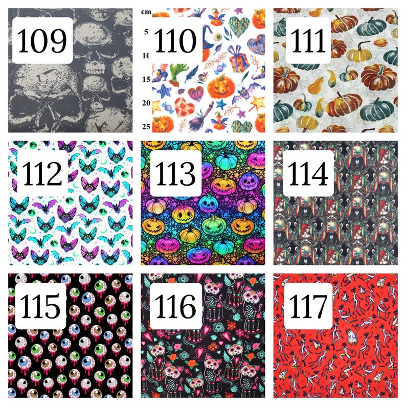 Puede incluir: Una cuadr&iacute;cula de nueve muestras de tela numeradas del 109 al 117, con patrones de calaveras, iconos de Halloween, calabazas, murci&eacute;lagos, linternas, personajes, globos oculares, gatos de calavera de az&uacute;car y esqueletos bailando, con una regla de 25 cm.