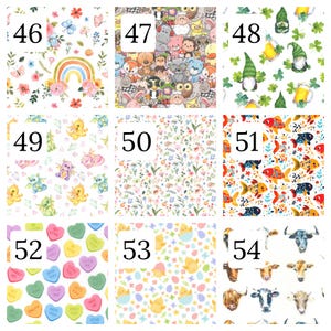 Puede incluir: Una cuadr&iacute;cula de nueve patrones de tela distintos numerados del 46 al 54. Los dise&ntilde;os incluyen arco&iacute;ris, animales de dibujos animados, gnomos con cerveza, dragones, flores, peces dorados, caramelos en forma de coraz&oacute;n y ganado vacuno.