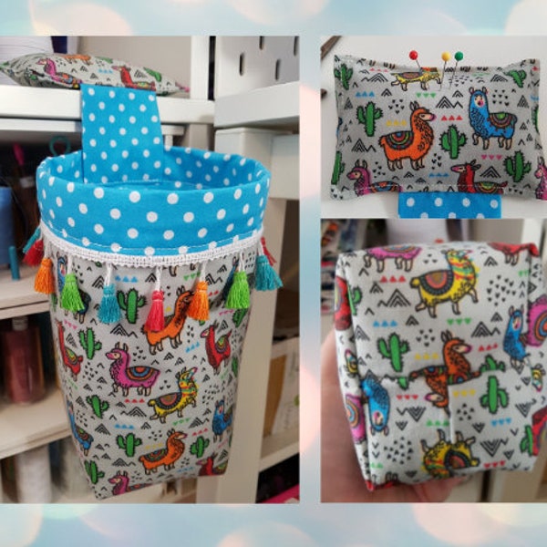 Thread catcher/scrap bin with pin cushion - Llamas with tassels. **OTHER FABRICS AVAILABLE**