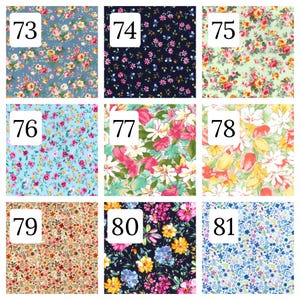 Puede incluir: Una cuadr&iacute;cula de nueve muestras de tela con estampados florales numeradas del 73 al 81. Los dise&ntilde;os incluyen varias paletas de colores como fondos azules, negros, verde claro y crema con rosas, margaritas y peque&ntilde;os motivos bot&aacute;nicos impresos.