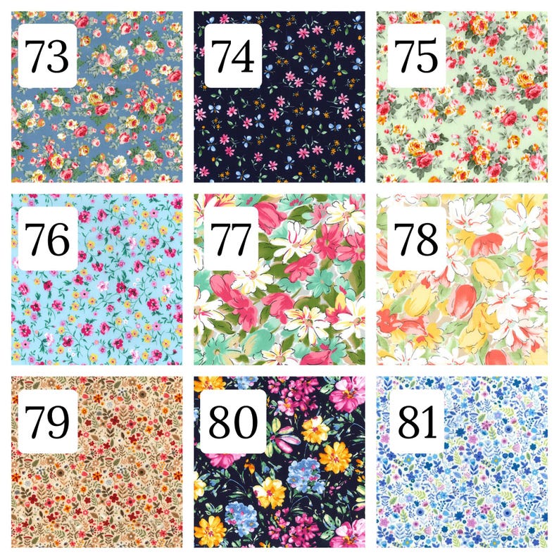 Puede incluir: Una cuadr&iacute;cula de nueve muestras de tela con estampados florales numeradas del 73 al 81. Los dise&ntilde;os incluyen varias paletas de colores como fondos azules, negros, verde claro y crema con rosas, margaritas y peque&ntilde;os motivos bot&aacute;nicos impresos.