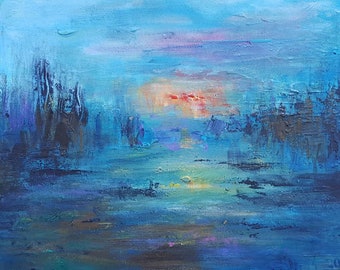 Sunset at a mysterious sky" is a coldwax with oils painting of Rolinka van Zuiden, on canvas
