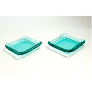 Turquoise Blue Candleholders, Set of Two, Fused Glass