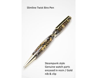 Steampunk slimline twist pen with genuine watch parts