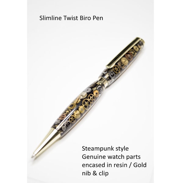 Stylo steampunk ultra-fin avec pièces de montre authentiques