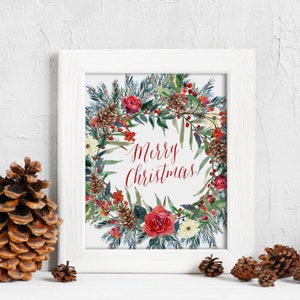 Christmas Printable, Merry Christmas Sign, merry christmas, christmas prints, christmas wreath, holly wreath, mistletoe print, digital file