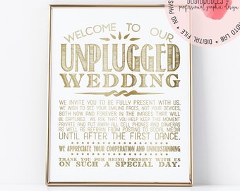 Unplugged Wedding Sign, Unplugged Ceremony Sign, Gold Wedding Signs, no cell phone sign, wedding decor, wedding day printables, wedding sign